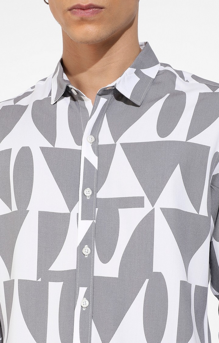 Men's Dark Grey and White Rayon Printed Casual Shirts