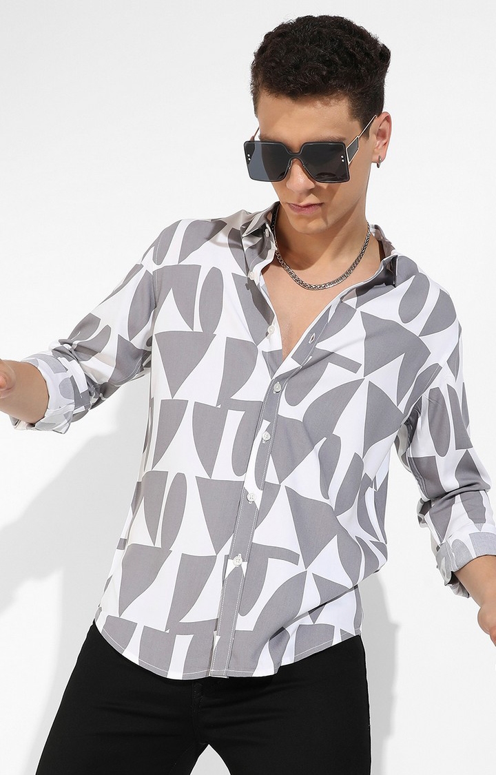 CAMPUS SUTRA | Men's Dark Grey and White Rayon Printed Casual Shirts
