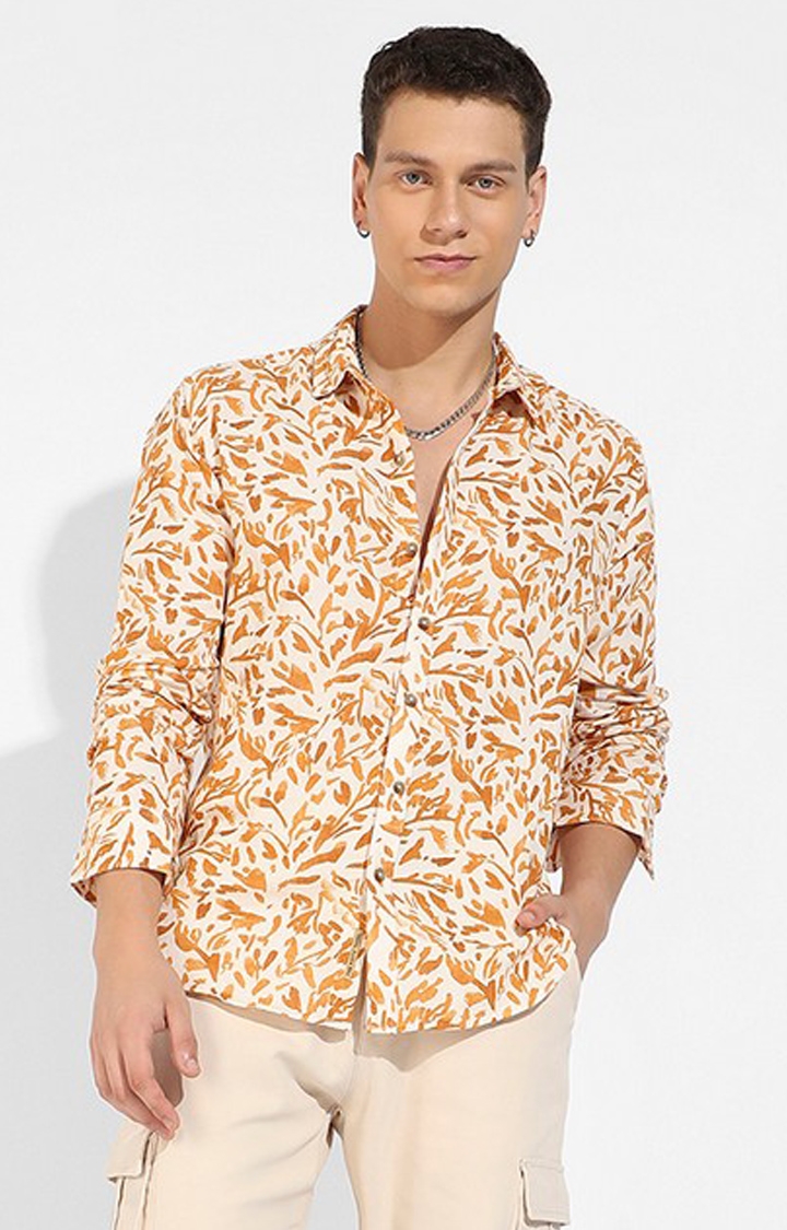 CAMPUS SUTRA | Men's Yellow Ochre Cotton Printed Casual Shirts