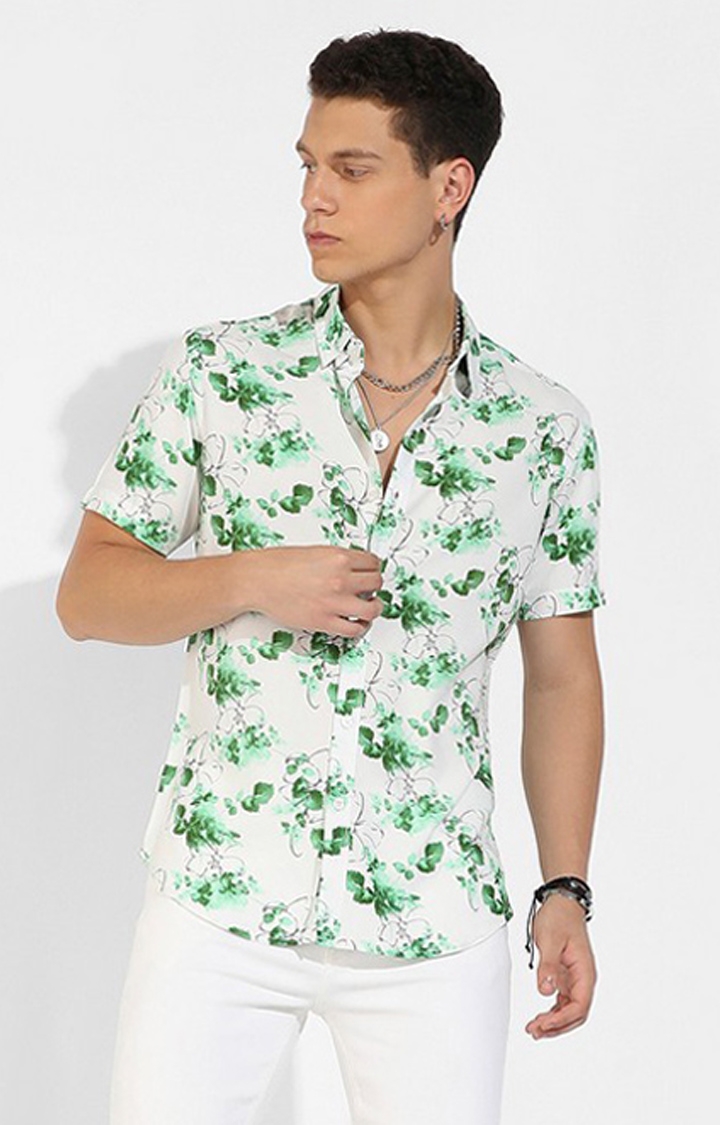 CAMPUS SUTRA | Men's Green and White Rayon Printed Casual Shirts