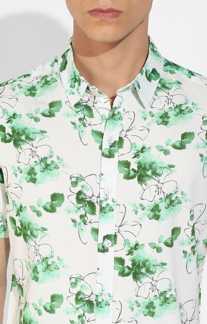 Men's Green and White Rayon Printed Casual Shirts