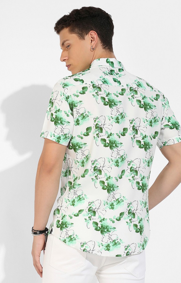 Men's Green and White Rayon Printed Casual Shirts