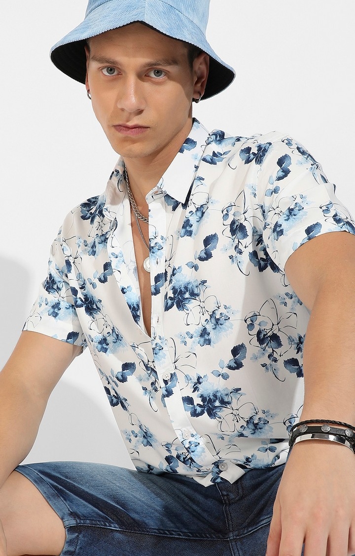 CAMPUS SUTRA | Men's Blue and White Rayon Printed Casual Shirts