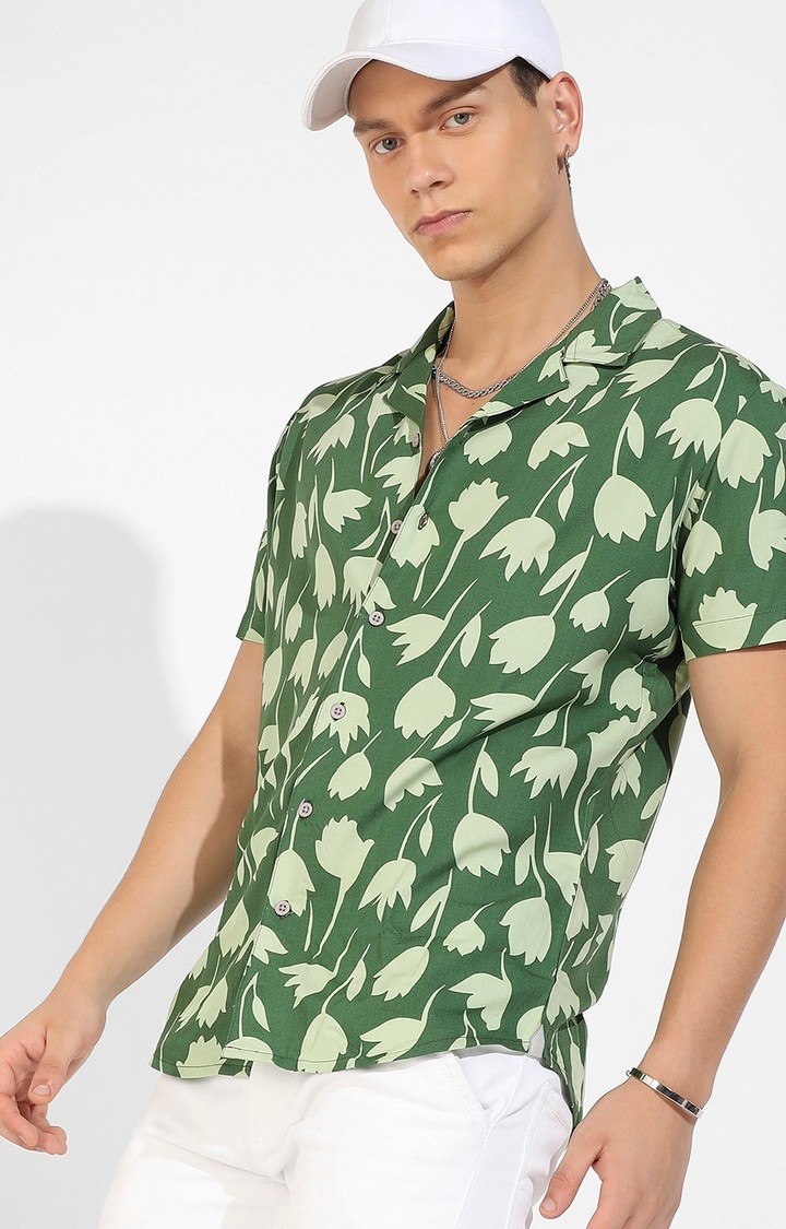 Men's Green Rayon Printed Casual Shirts