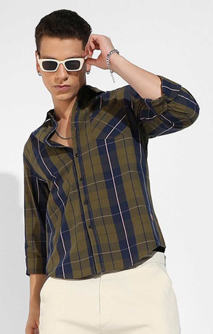 Men's Olive Green Cotton Checkered Casual Shirts
