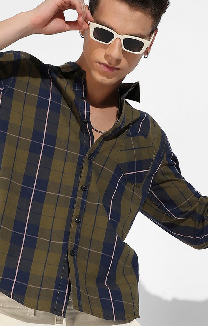 Men's Olive Green Cotton Checkered Casual Shirts