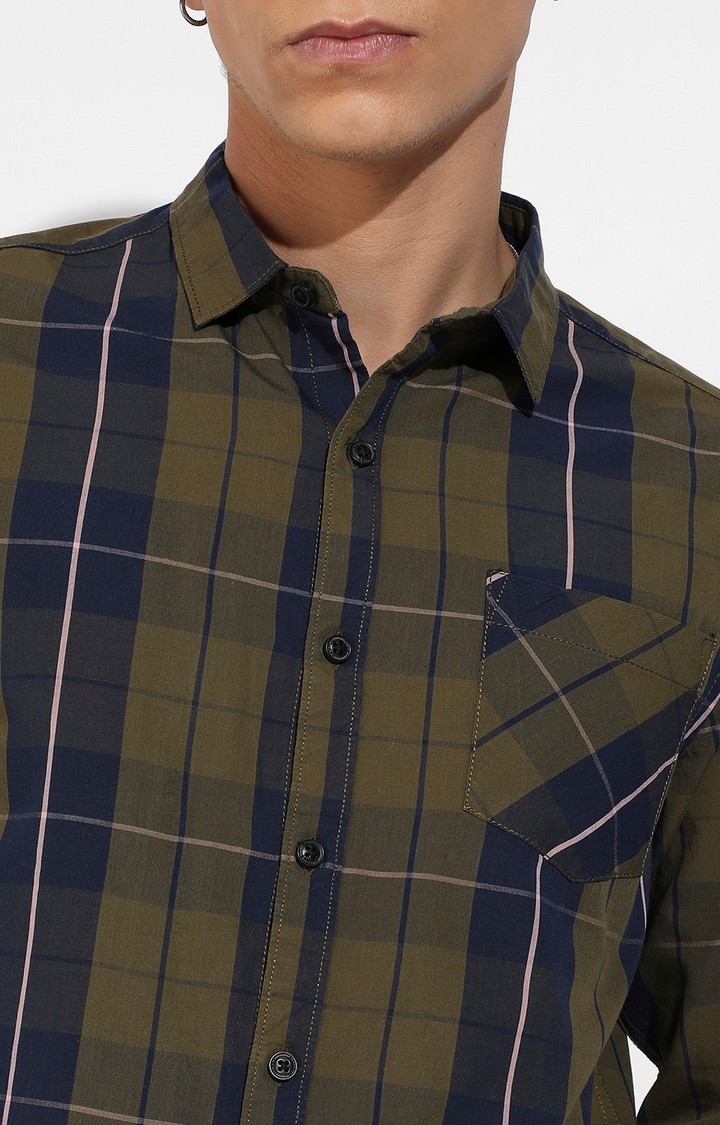 Men's Olive Green Cotton Checkered Casual Shirts