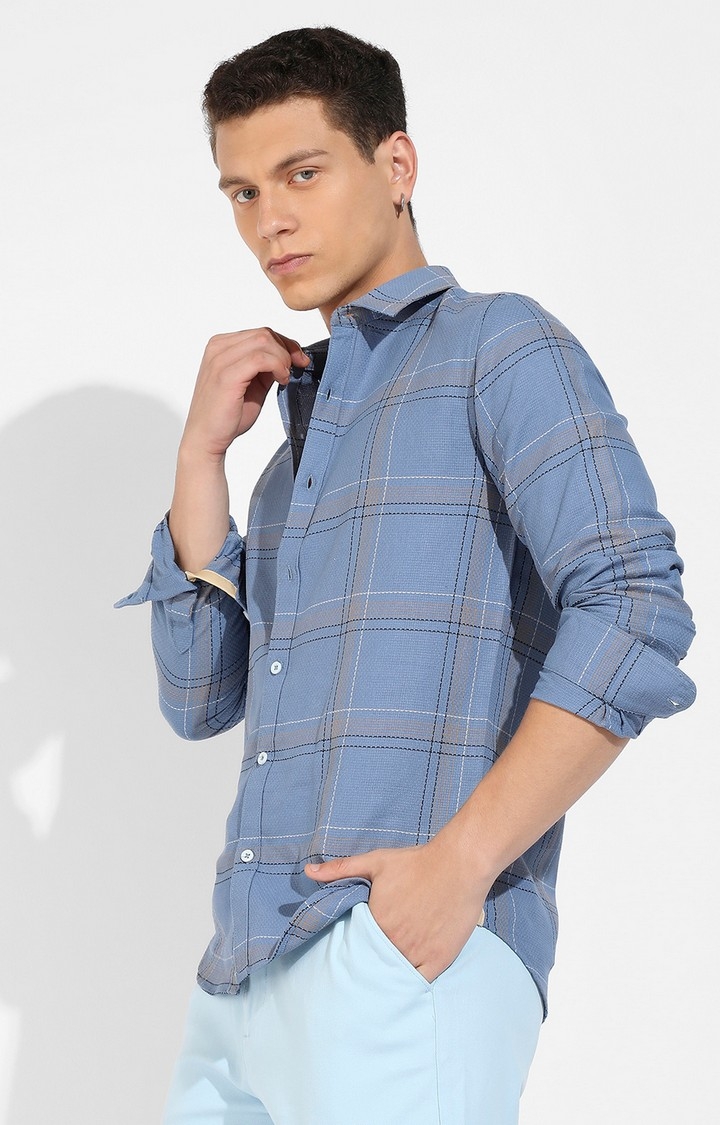 Men's Icy Blue Cotton Checkered Casual Shirts