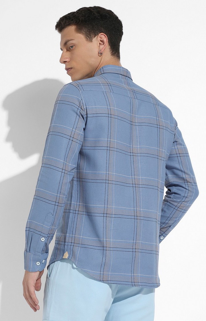 Men's Icy Blue Cotton Checkered Casual Shirts