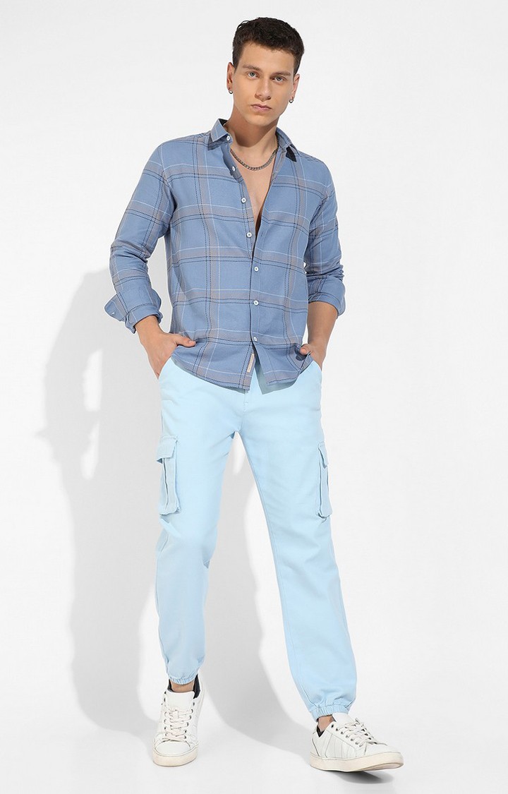 Men's Icy Blue Cotton Checkered Casual Shirts