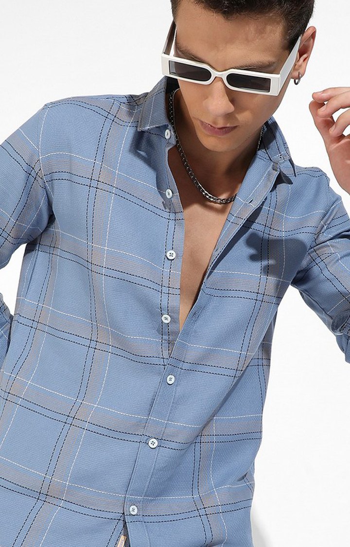 Men's Icy Blue Cotton Checkered Casual Shirts