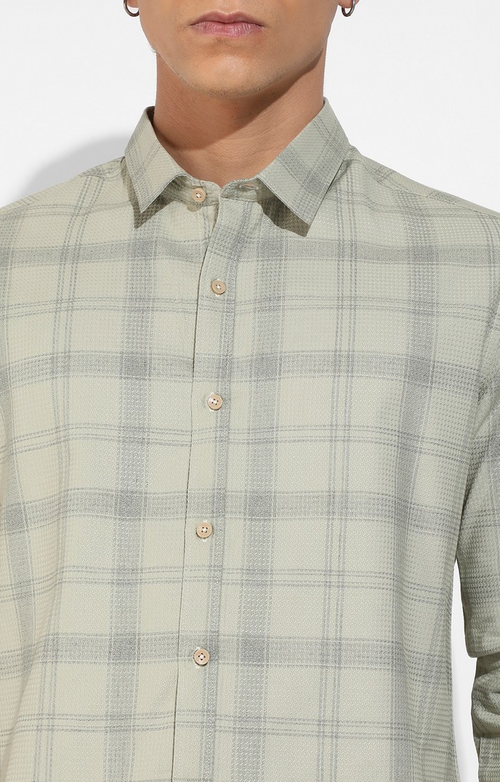 Men's Sage Green Cotton Checkered Casual Shirts