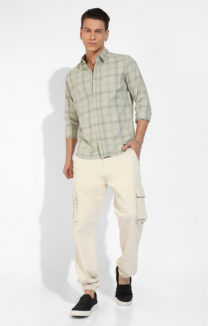 Men's Sage Green Cotton Checkered Casual Shirts