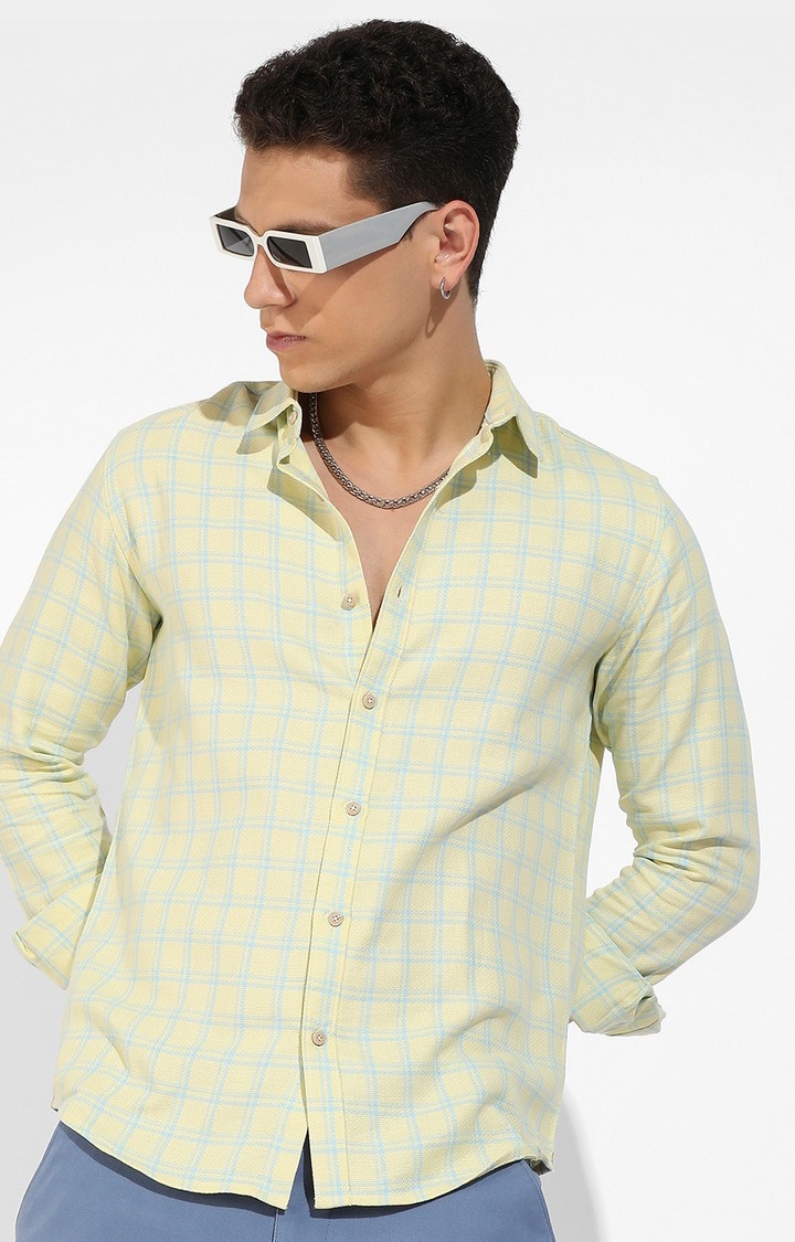 Men's Lemon Yellow Cotton Checkered Casual Shirts