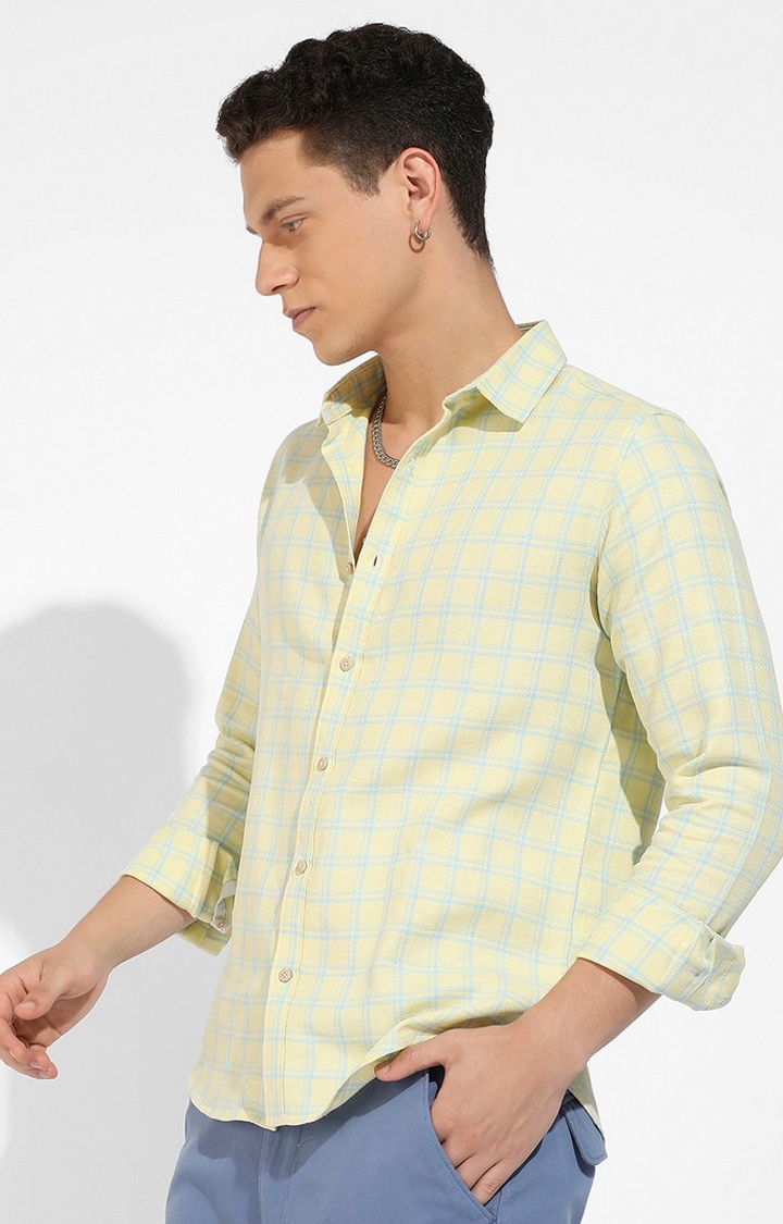 Men's Lemon Yellow Cotton Checkered Casual Shirts