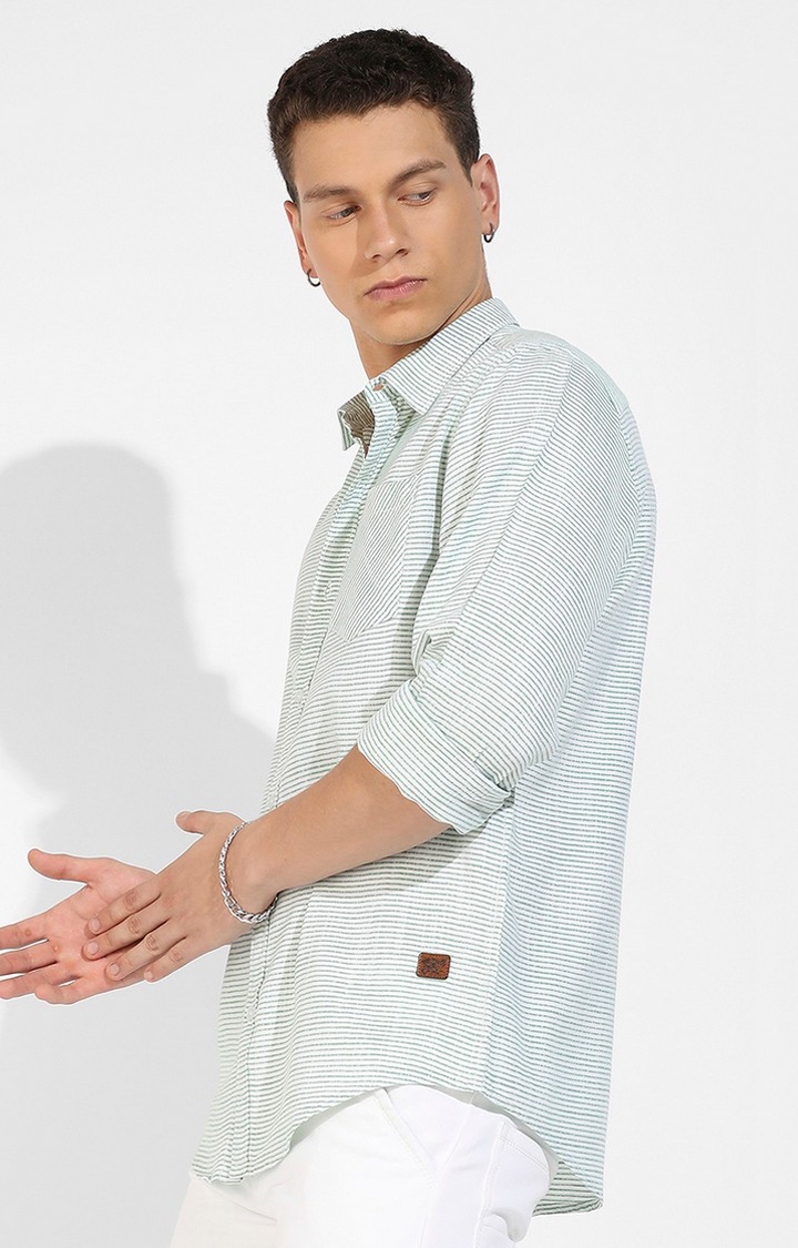CAMPUS SUTRA | Men's White and Green Cotton Striped Casual Shirts