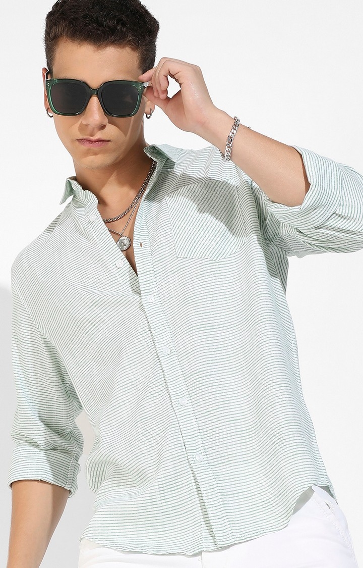 Men's White and Green Cotton Striped Casual Shirts