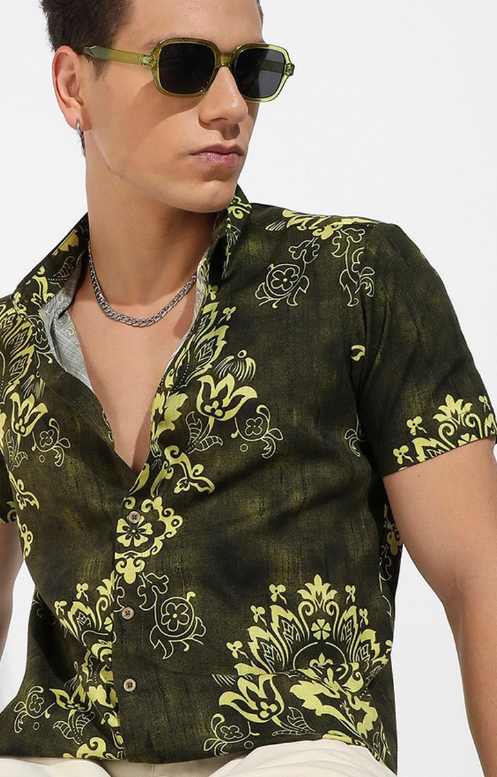 Men's Forest Green Rayon Printed Casual Shirts