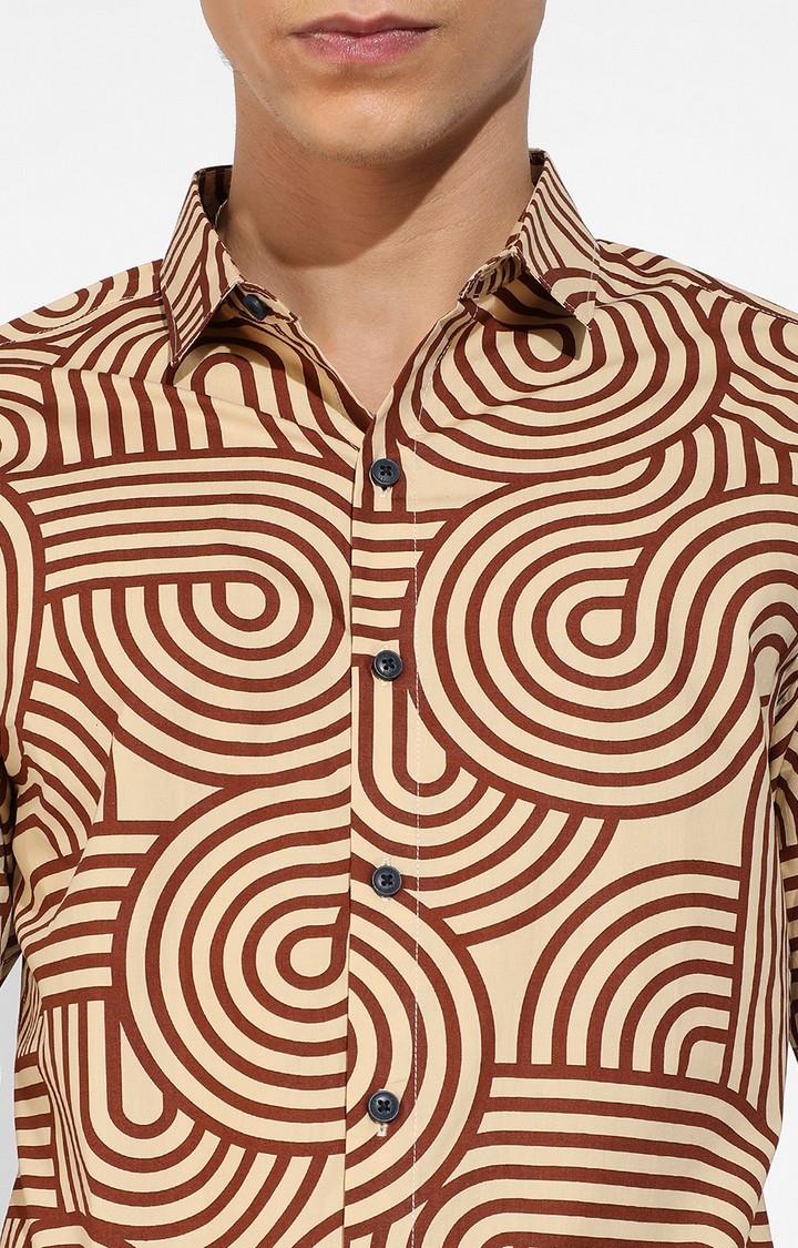 Men's Beige and Brown Cotton Printed Casual Shirts