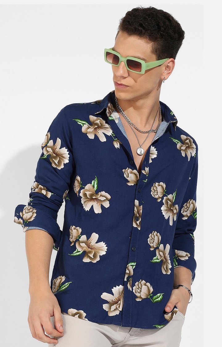 Men's Indigo Blue Rayon Floral Printed Casual Shirts