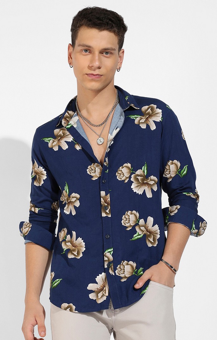 CAMPUS SUTRA | Men's Indigo Blue Rayon Floral Printed Casual Shirts