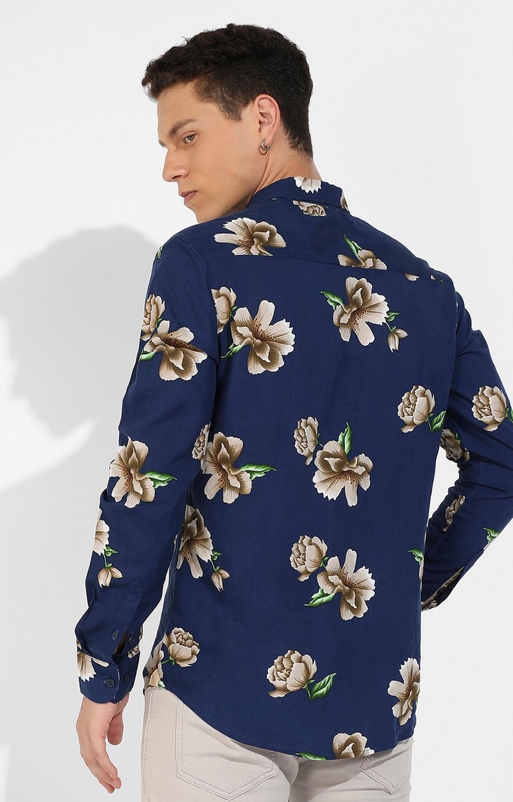 Men's Indigo Blue Rayon Floral Printed Casual Shirts