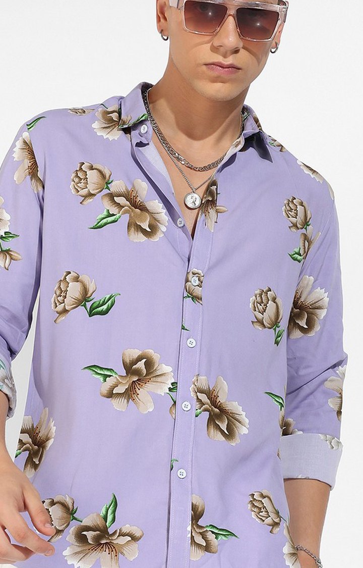 Men's Lavender Rayon Floral Printed Casual Shirts