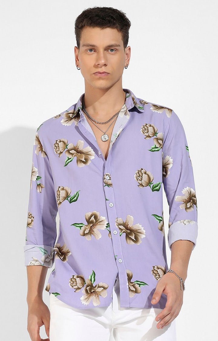 Men's Lavender Rayon Floral Printed Casual Shirts