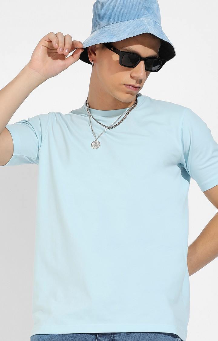 Men's Icy Blue Cotton Solid Regular T-Shirt