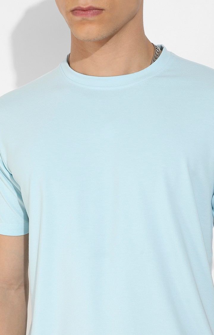 Men's Icy Blue Cotton Solid Regular T-Shirt