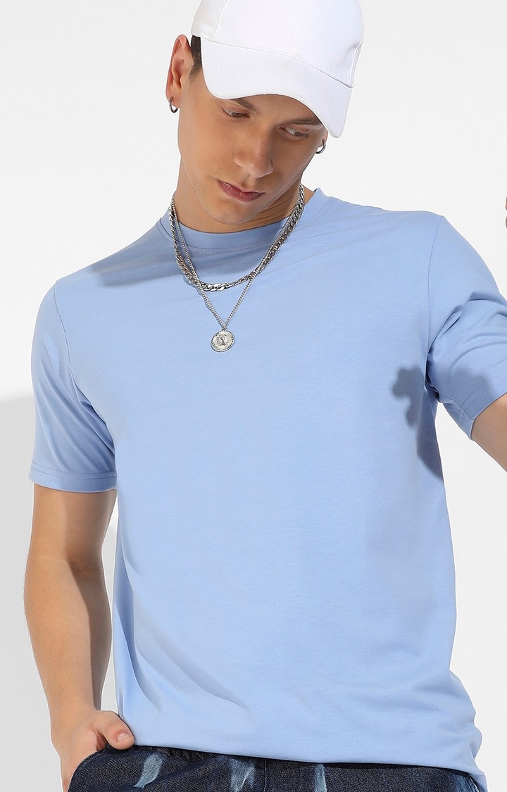 Men's Pastel Blue Cotton Solid Regular T-Shirt
