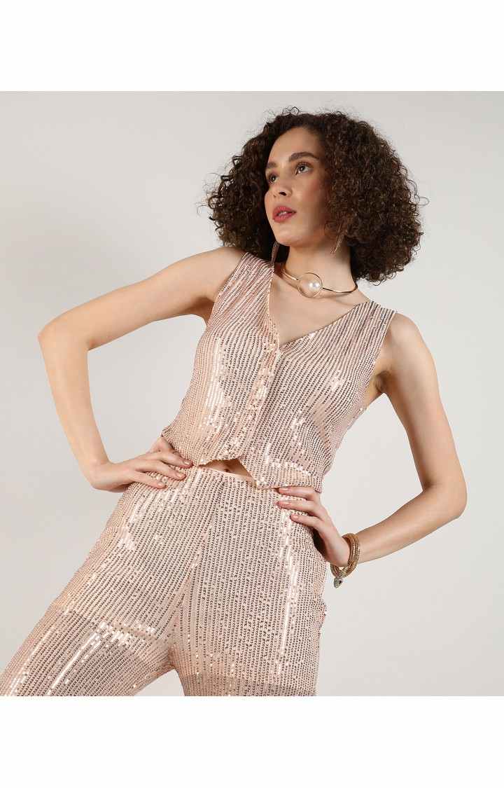 Women's Beige Embellished Co-ords