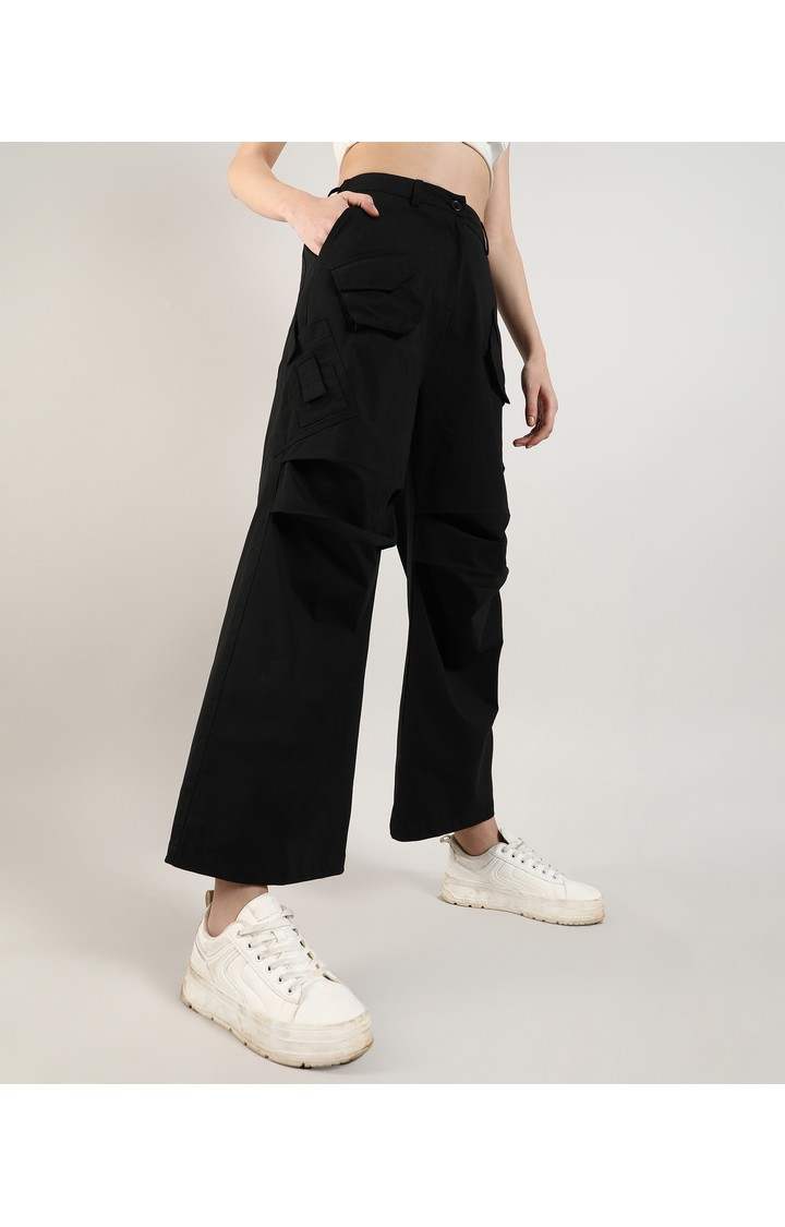 Women's Onyx Black Solid Polyester Cargos