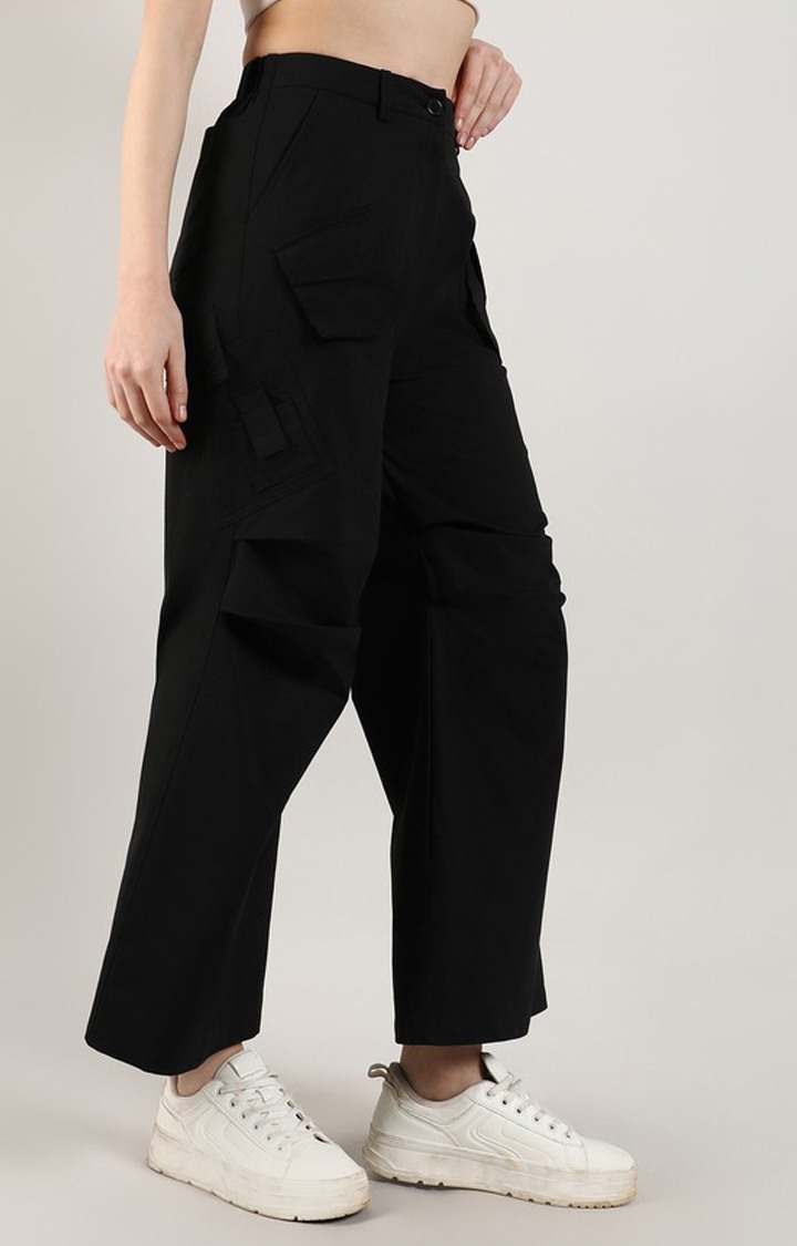 Women's Onyx Black Solid Polyester Cargos
