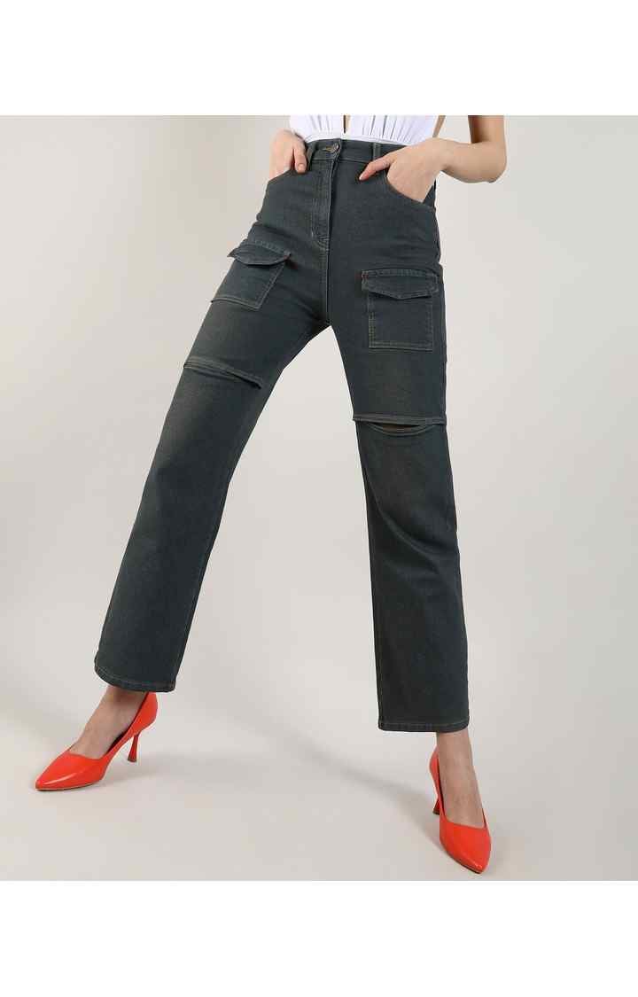 Women's Grey Solid Denim Slim Jeans