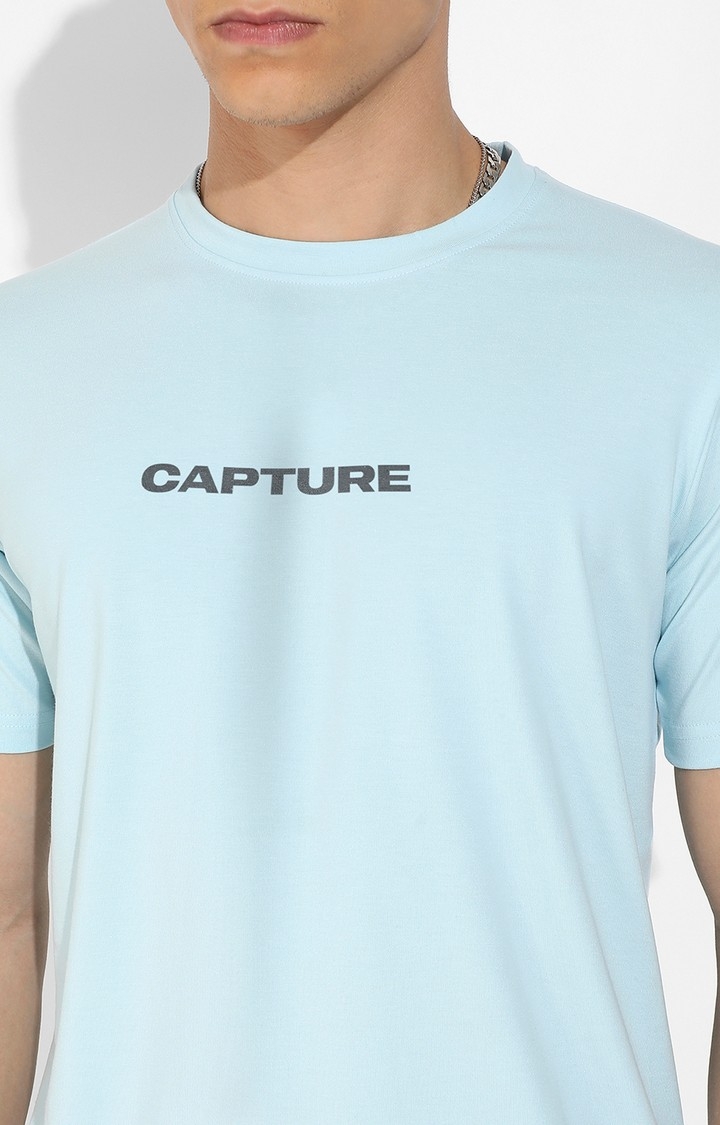 Men's Icy Blue Cotton Typographic Printed Regular T-Shirt