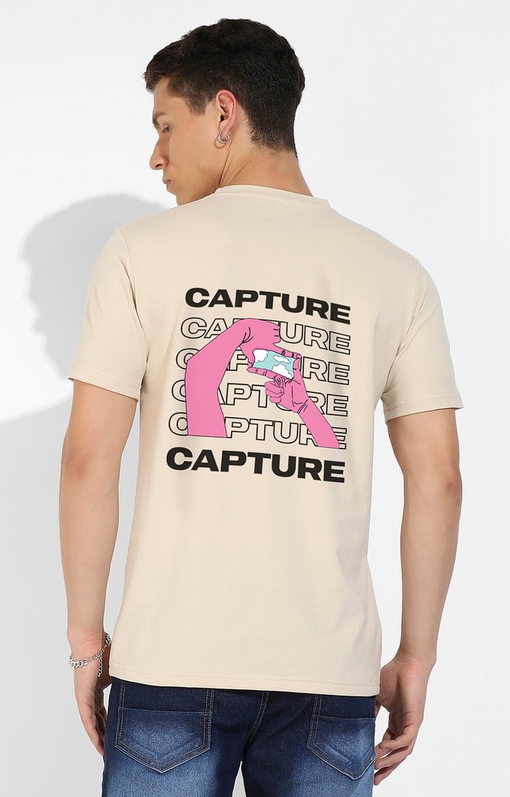 Men's Beige Typographic Regular T-Shirts