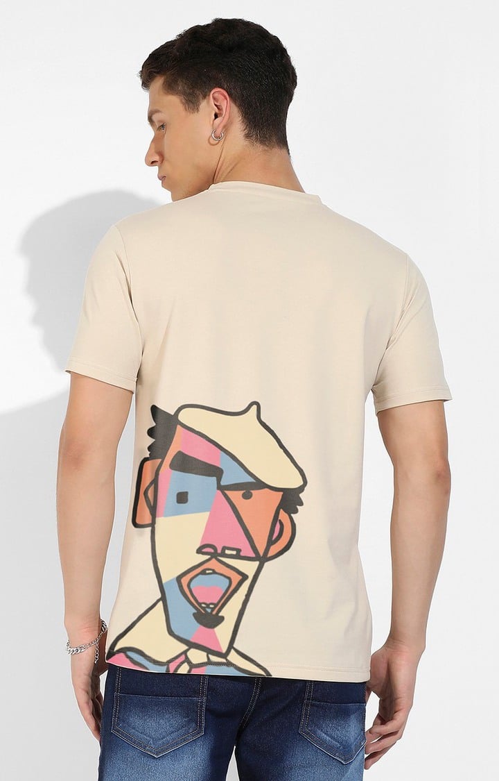 Men's Beige Graphics Regular T-Shirts