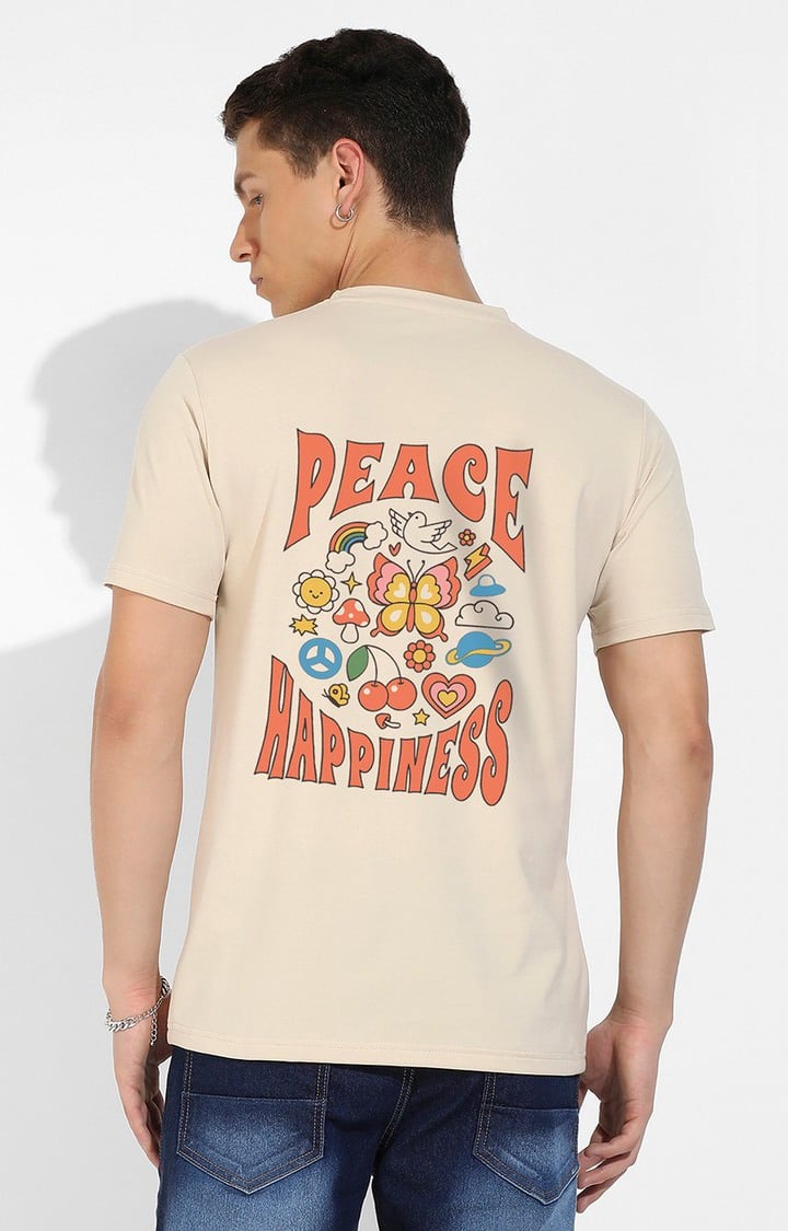 Men's Beige Graphics Regular T-Shirts
