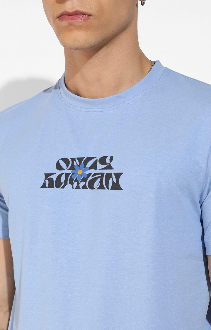 Men's Icy Blue Cotton Graphic Printed Regular T-Shirt