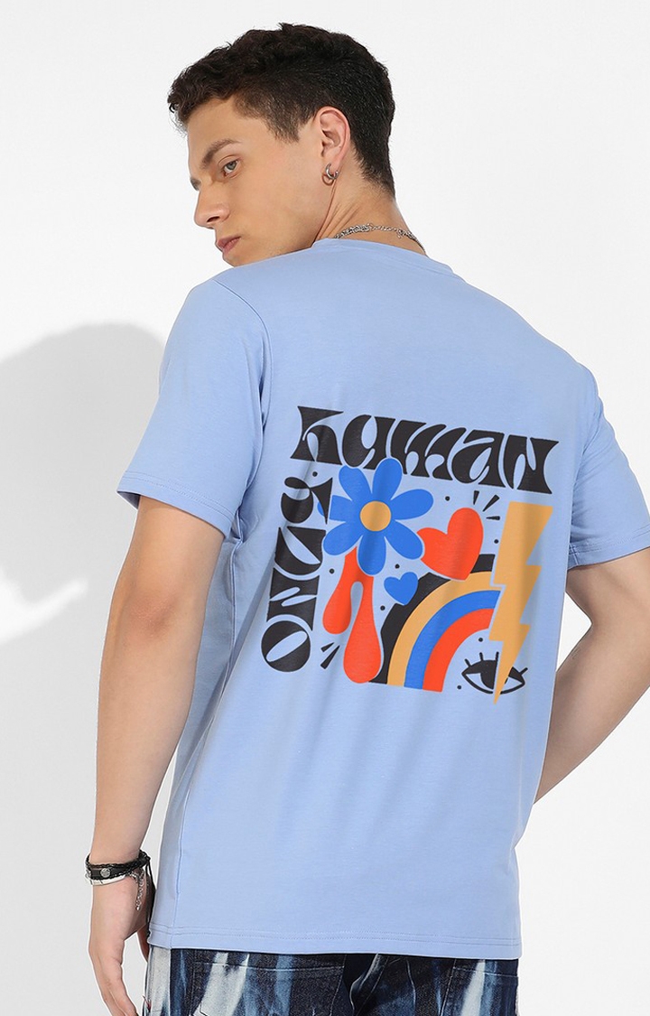 Men's Icy Blue Cotton Graphic Printed Regular T-Shirt