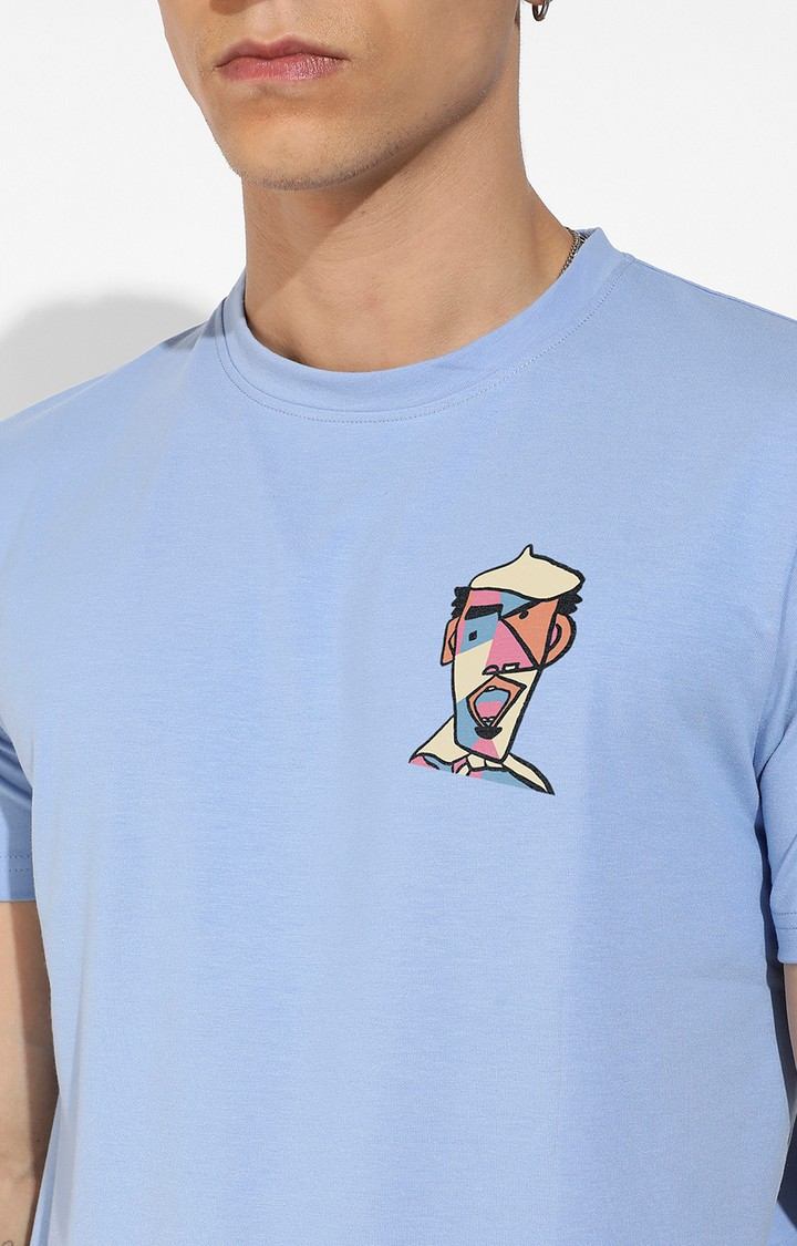 Men's Icy Blue Cotton Graphic Printed Regular T-Shirt