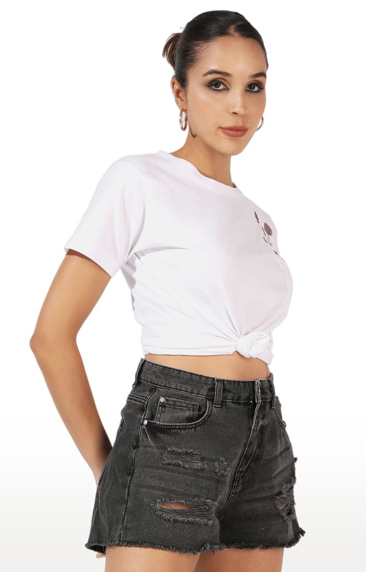 Women's White Cotton Printed Crop Top