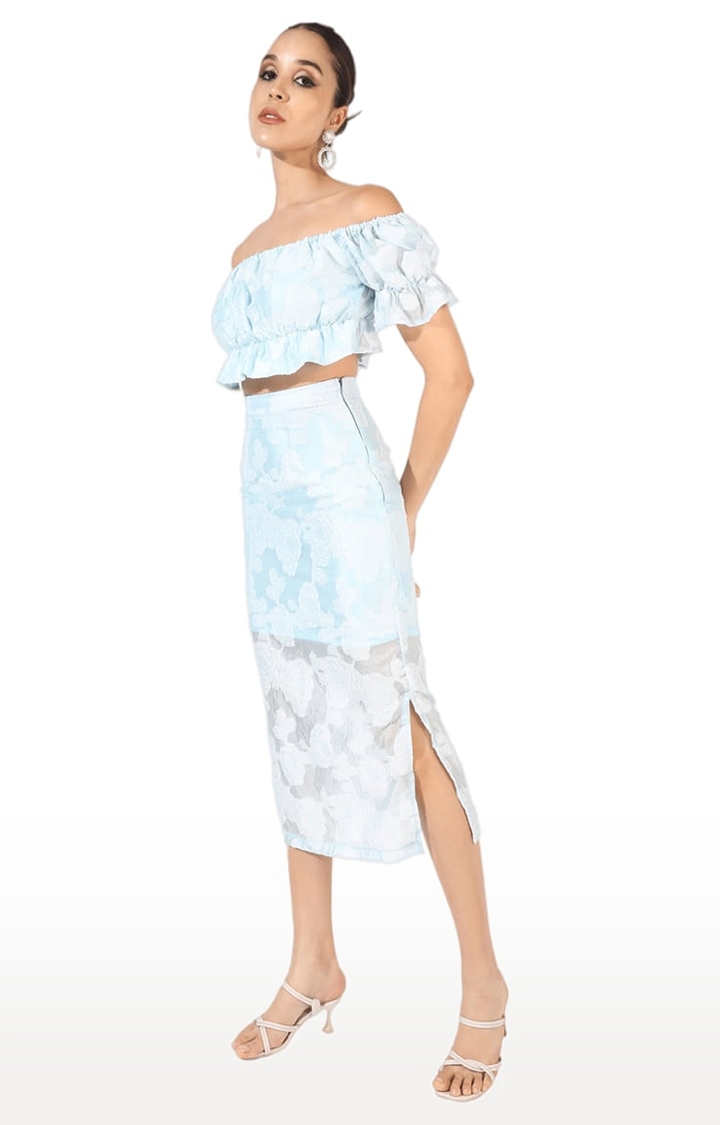 Women's Light Blue Polyester Textured Co-Ords