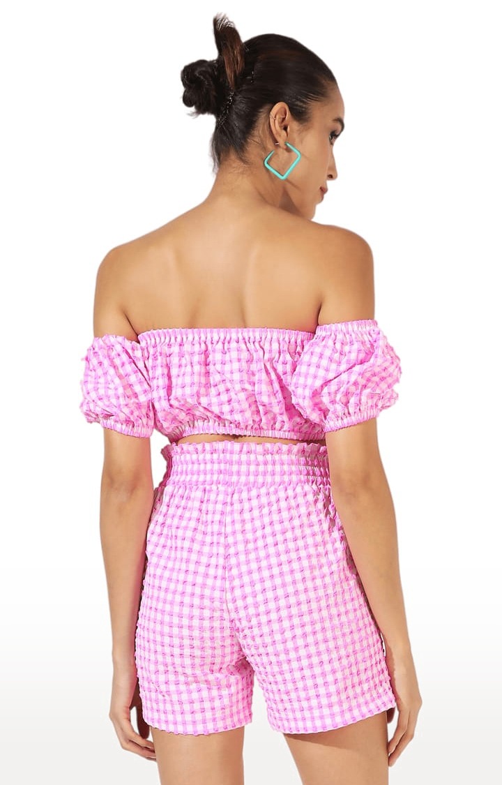 Women's Pink Polyester Checkered Co-Ords