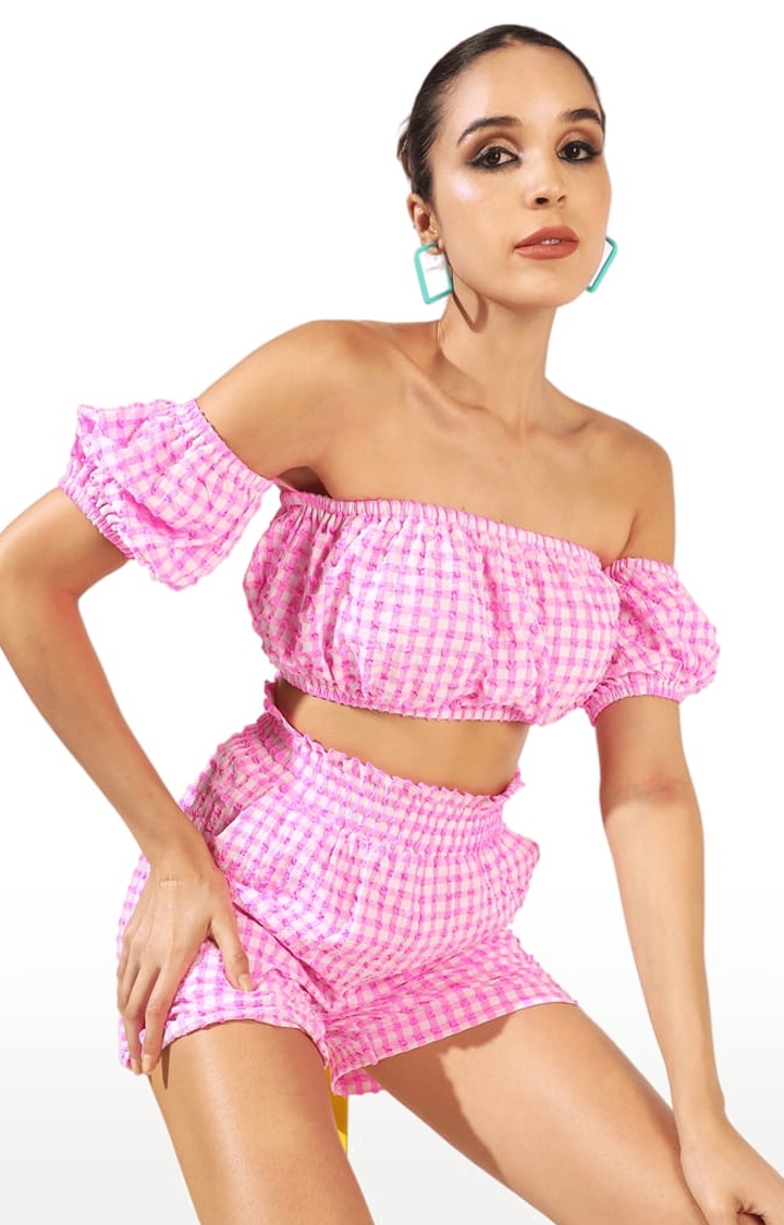 Women's Pink Polyester Checkered Co-Ords