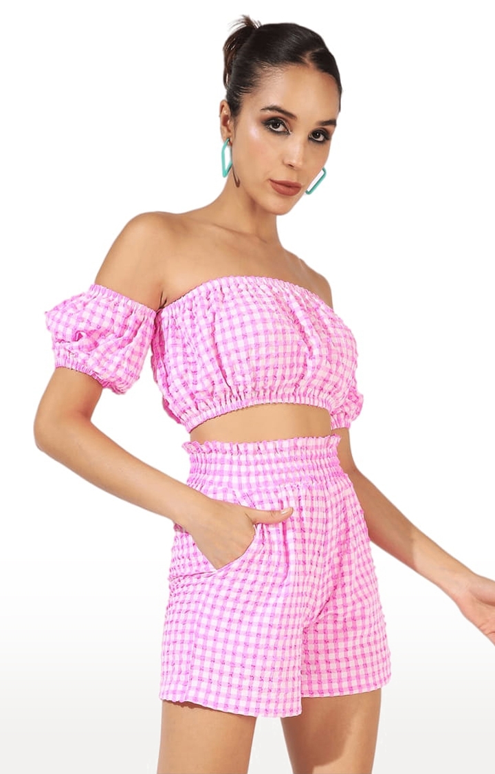 CAMPUS SUTRA | Women's Pink Polyester Checkered Co-Ords