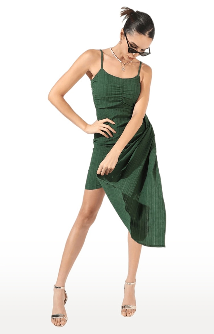 Women's Forest Green Polyester Textured Bodycon Dress