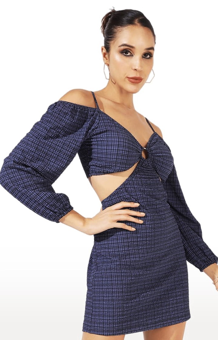 Women's Midnight Blue Polyester Checkered Sheath Dress