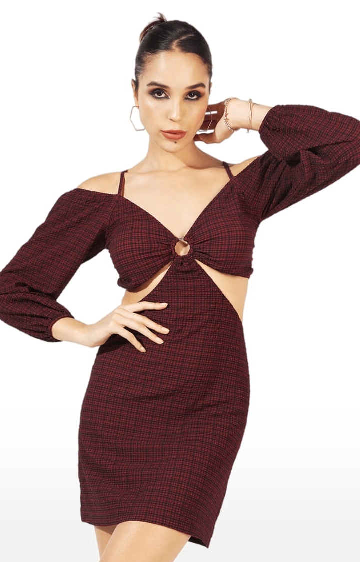 CAMPUS SUTRA | Women's Red Polyester Checkered Sheath Dress